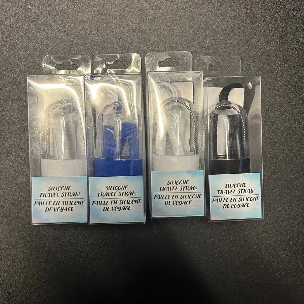 New Set of 4 Silicone Travel Straw w/ Travel Case & Cleaning Brush
